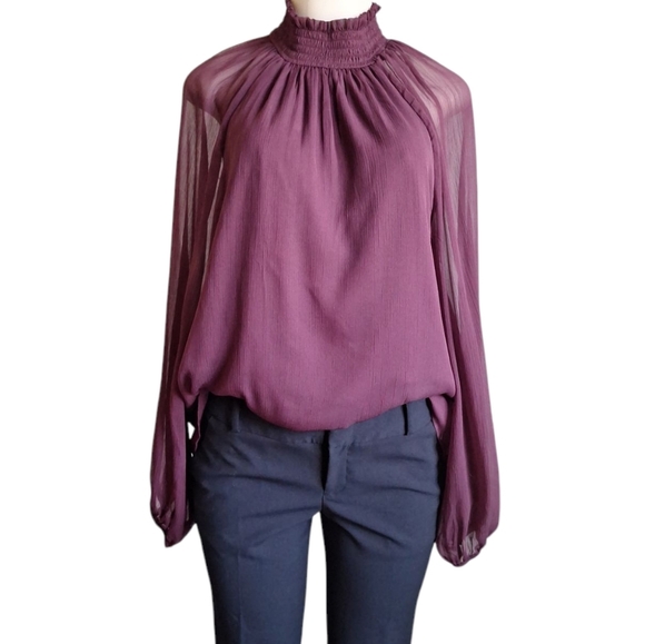 NWT! Joie Sheer Smocked Mock Neck Blouse Burgundy Long Sleeve Boho Top Sz Large - Picture 3 of 9